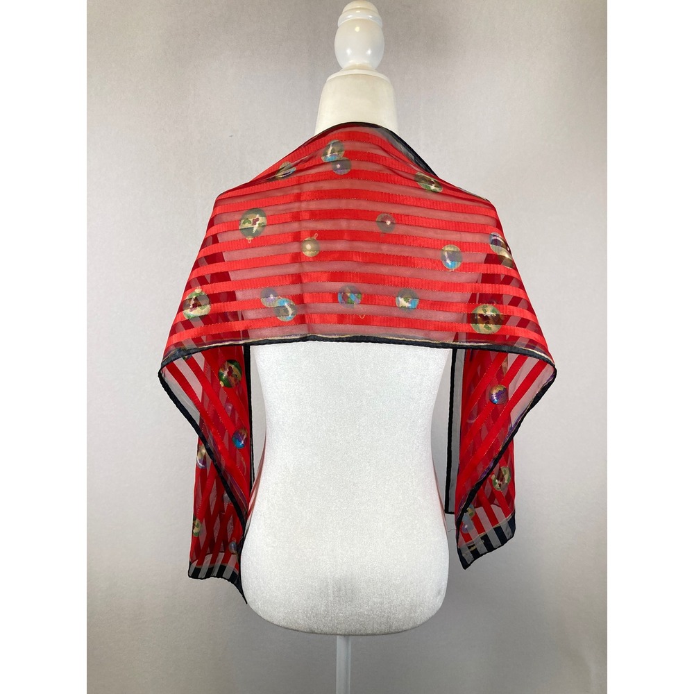 Vintage Liz Claiborne Womens Red Striped Ornament Print Metallic Sheer Scarf